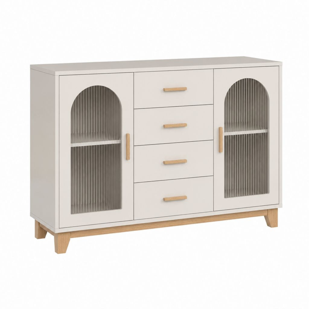 Credenza a 2 ante e 4 cassetti bianco e rovere in MDF 120 x 40 x 80 cm