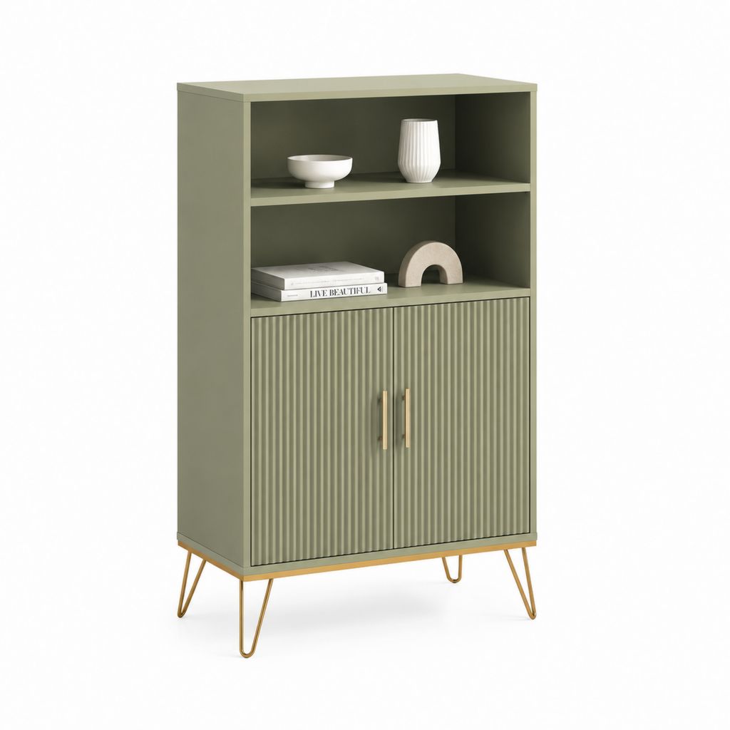 Credenza libreria verde salvia in MDF rettangolare con ante scanalate 80 x 40 x 140 cm