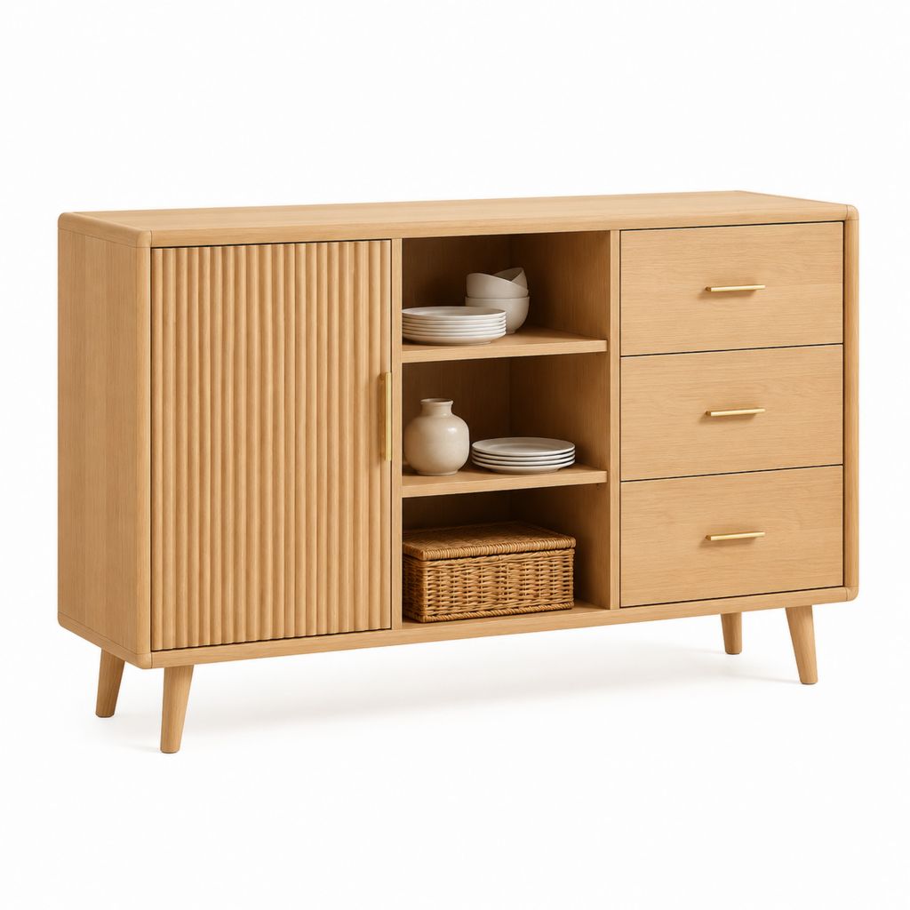Credenza da sala da pranzo rovere chiaro con anta scanalata 3 cassetti e ripiani 120 x 40 x 90 cm