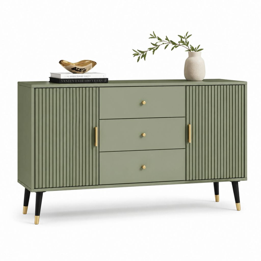 Credenza da sala da pranzo verde salvia in MDF con 2 ante 3 cassetti 160 x 40 x 80 cm