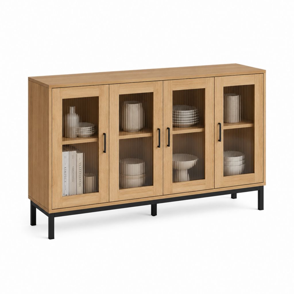 Credenza vetrina rettangolare 4 ante rovere con vetro scanalato e gambe in acciaio 160 x 40 x 90 cm
