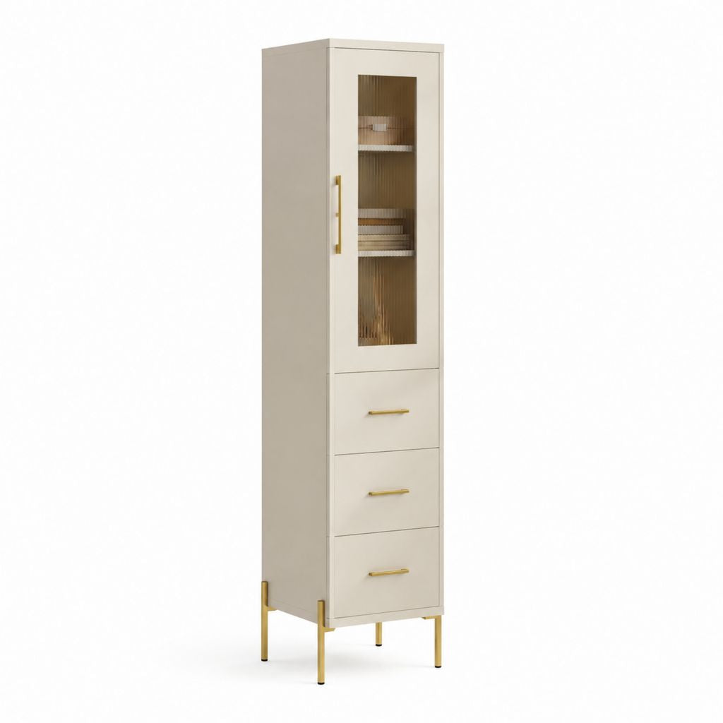 Vetrina rettangolare stretta beige in MDF e vetro scanalato con 3 cassetti 50 x 40 x 180 cm
