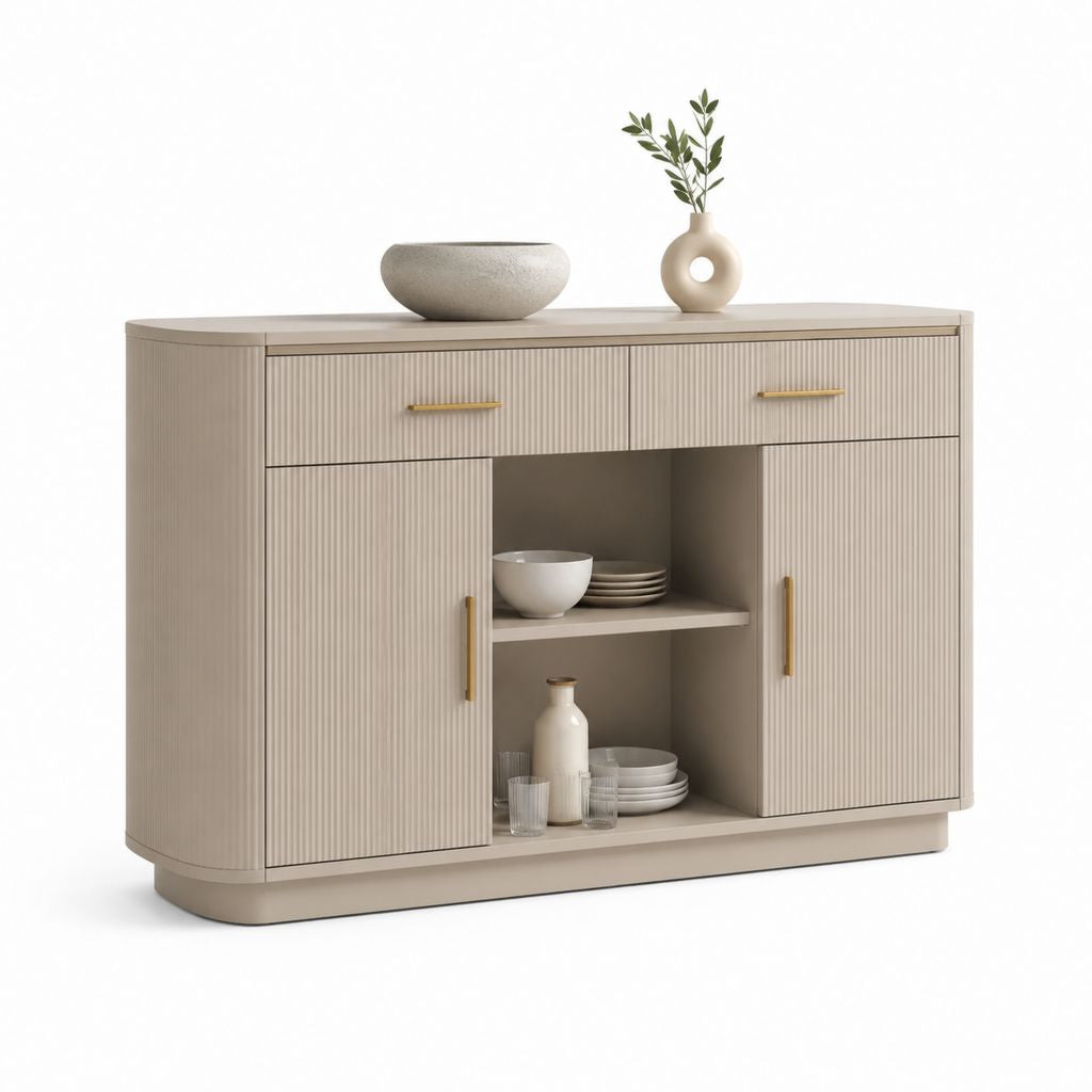 Credenza da sala da pranzo beige in MDF scanalato con 2 ante 2 cassetti e vano a giorno 160 x 45 x 90 cm
