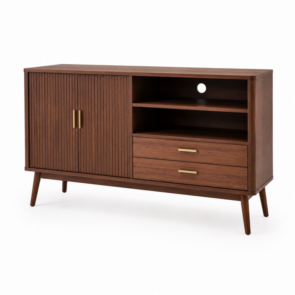 Credenza 150 cm marrone noce in MDF rettangolare con 2 ante 2 cassetti e vano TV