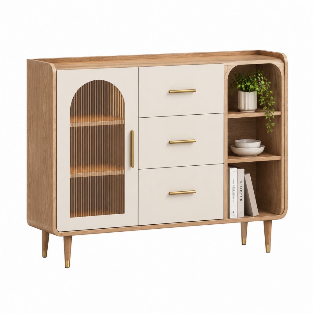 Credenza da sala da pranzo rovere e beige con 3 cassetti 1 anta e ripiani 140 x 40 x 100 cm