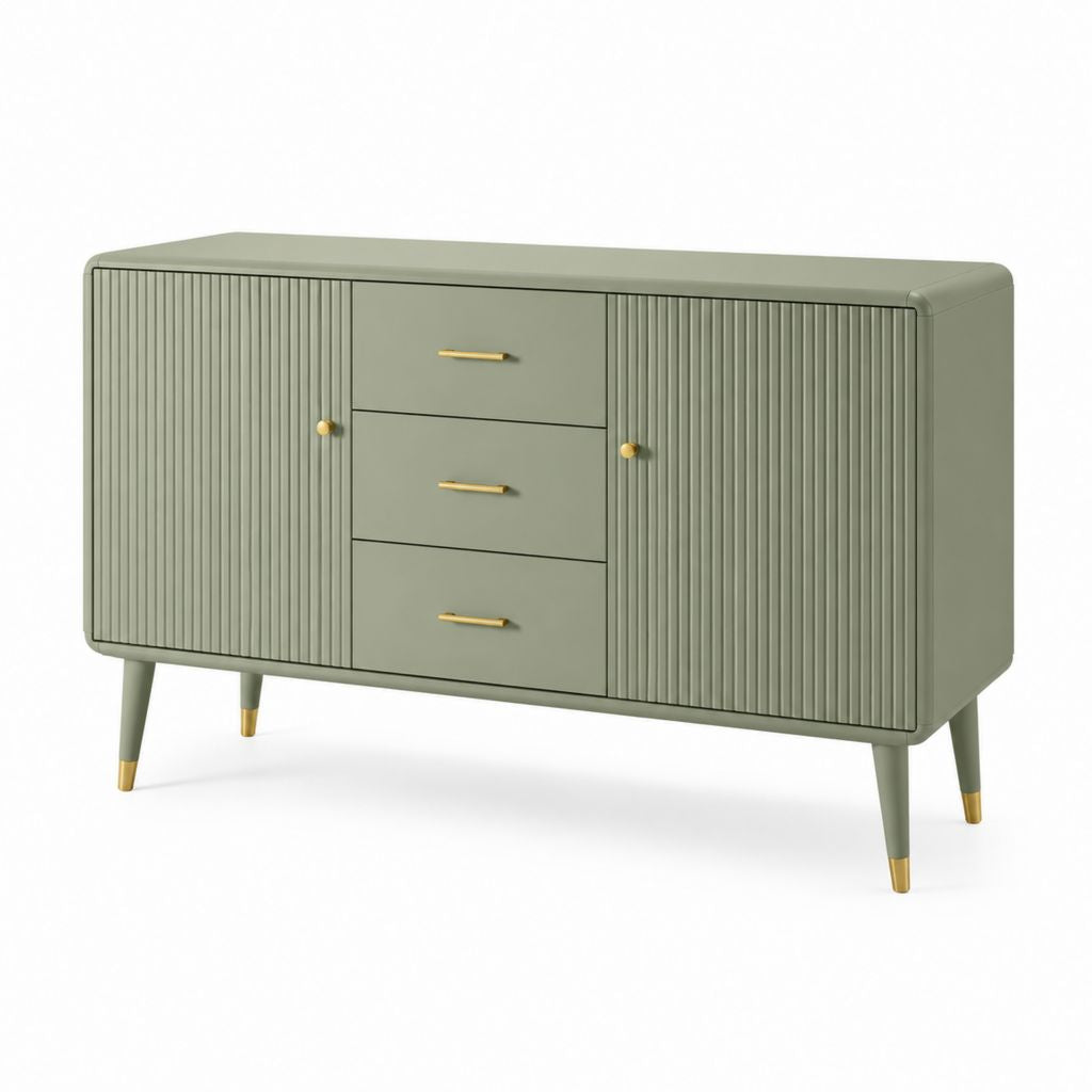 Credenza soggiorno verde salvia in MDF rettangolare con 3 cassetti e 2 ante 160 x 40 x 85 cm