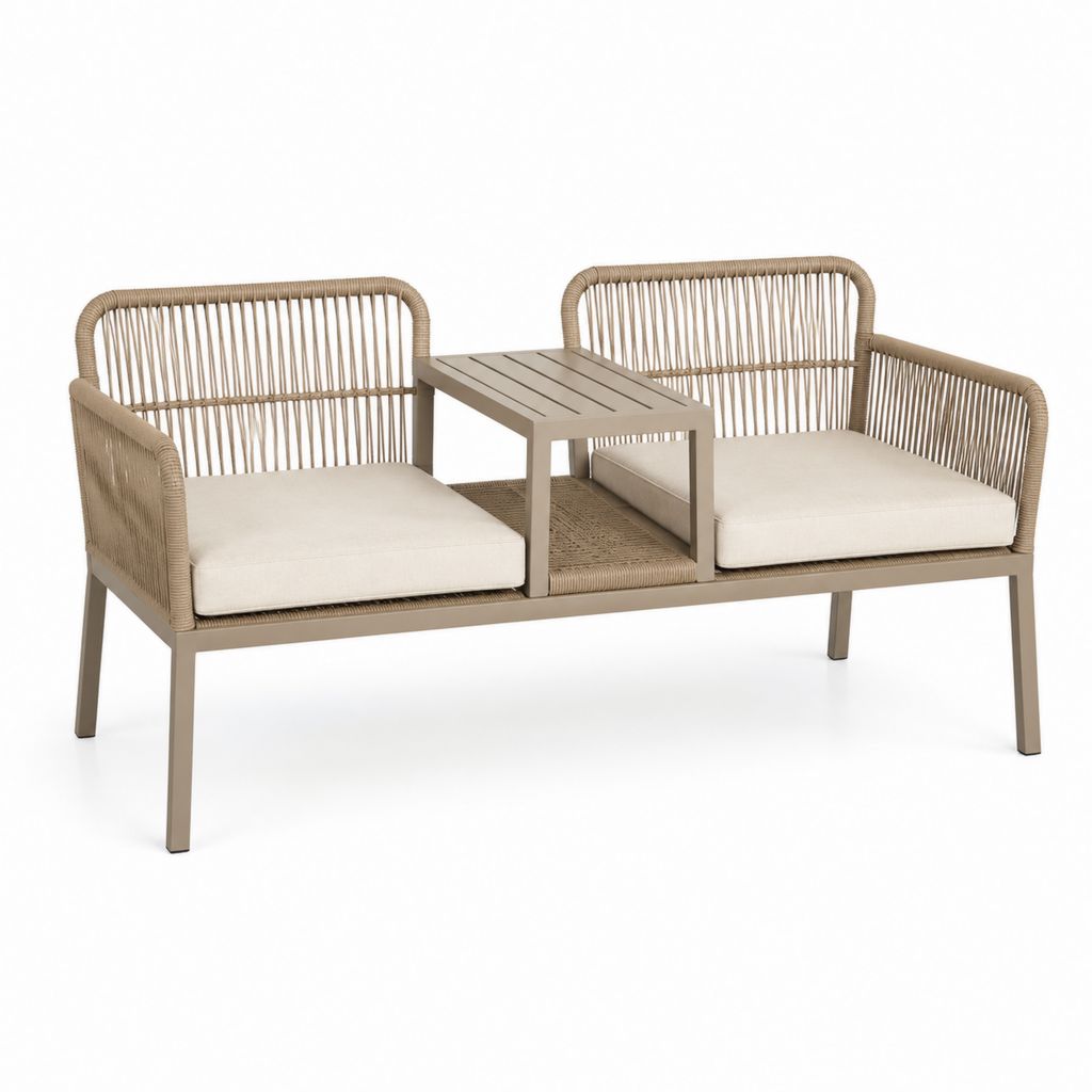 Panca da giardino 2 posti con tavolino centrale beige e tortora in alluminio e corda sintetica 160 x 70 x 80 cm