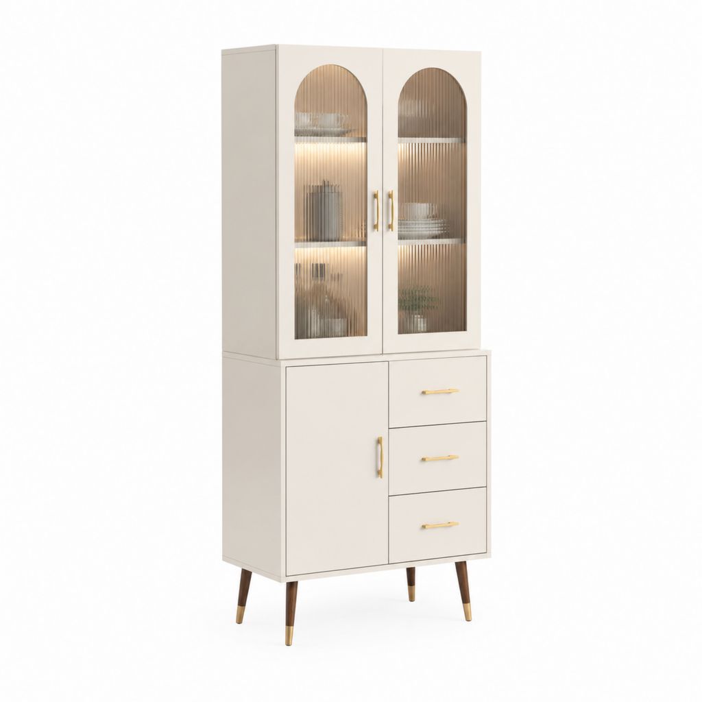 Credenza vetrina alta rettangolare crema in MDF e vetro scanalato 80 x 40 x 180 cm