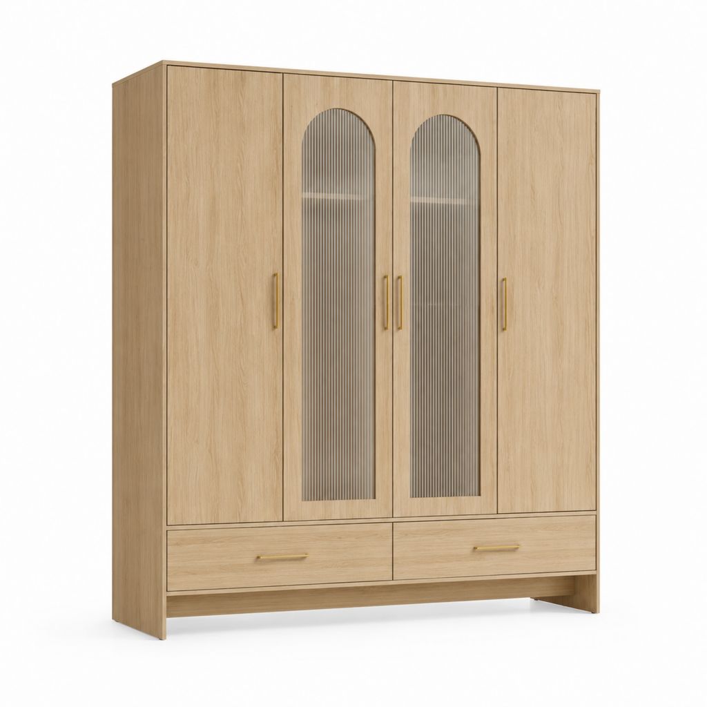 Armadio guardaroba 4 ante con 2 cassetti rovere chiaro in pannello truciolare 200 x 60 x 220 cm
