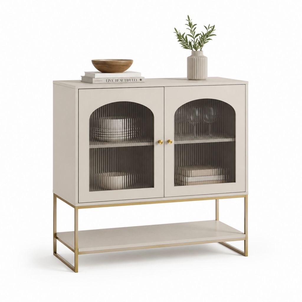 Credenza da sala da pranzo beige con 2 ante in vetro rigato 100 x 40 x 90 cm