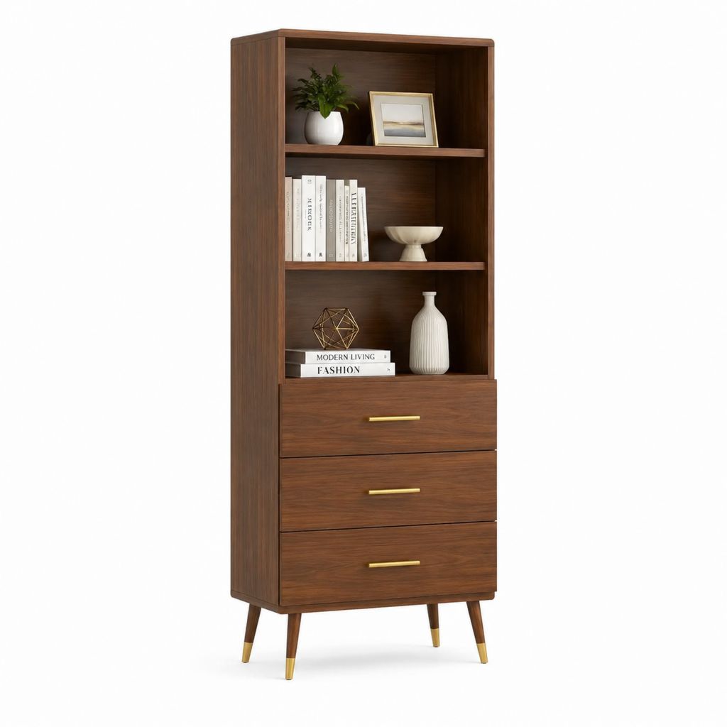 Libreria con 3 cassetti in pannello truciolare effetto noce rettangolare 80 x 40 x 180 cm