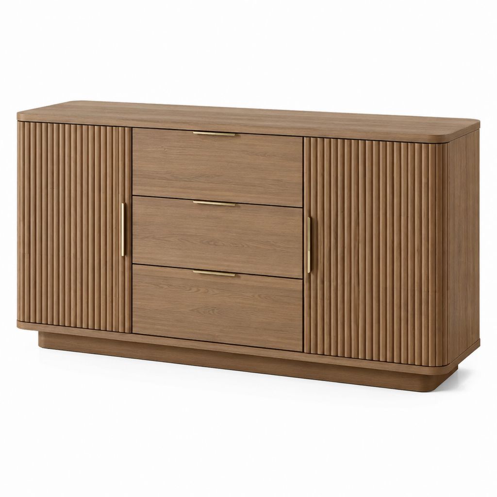 Credenza da sala da pranzo marrone in MDF impiallacciato rovere con 2 ante e 3 cassetti 160 x 45 x 85 cm