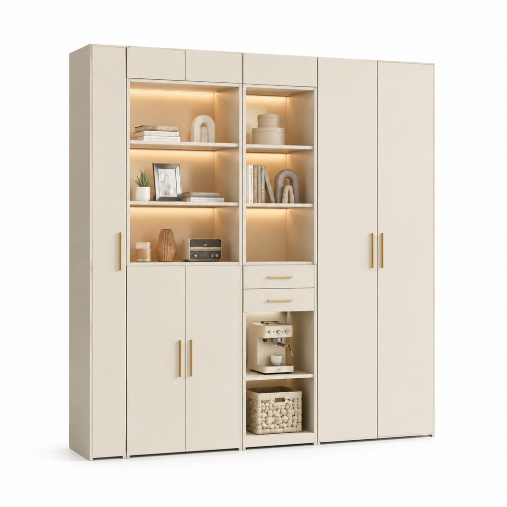 Credenza alta con vetrina beige in pannello truciolare 180 x 40 x 200 cm