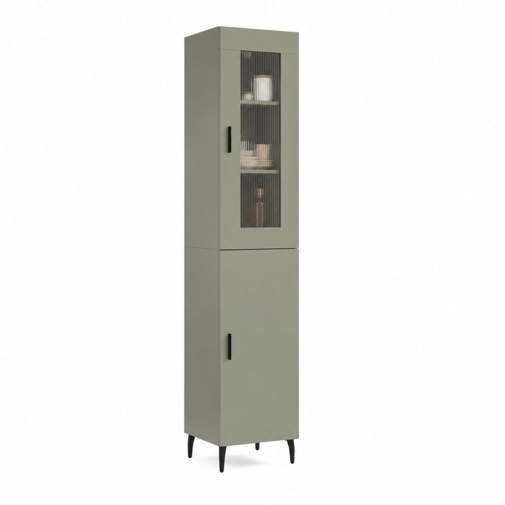 Vetrina alta 2 ante verde salvia in MDF e vetro rigato 50 x 40 x 190 cm