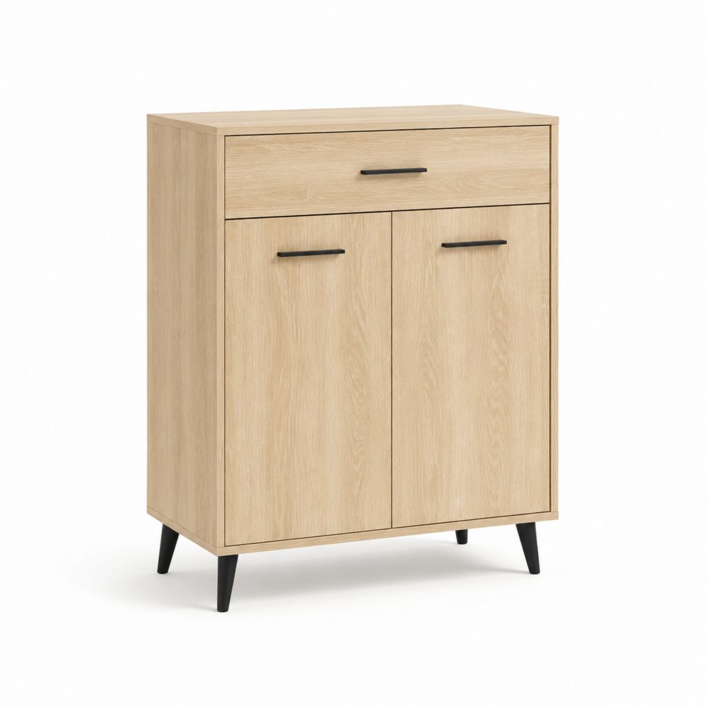 Credenza da sala da pranzo rovere chiaro e nero in pannello truciolare 80 x 40 x 100 cm con 2 ante e cassetto