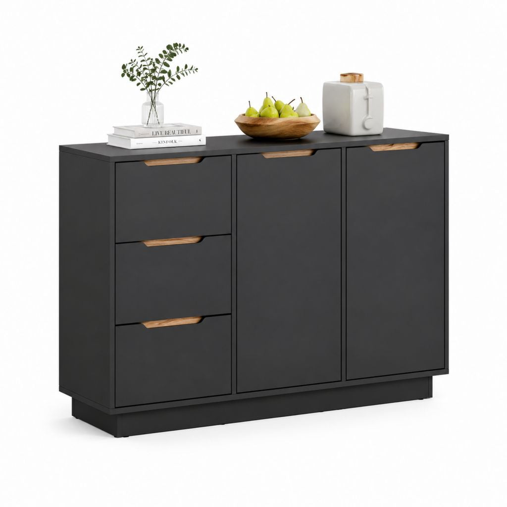 Credenza soggiorno nera in pannello truciolare 120 x 40 x 80 cm con 3 cassetti e 2 ante