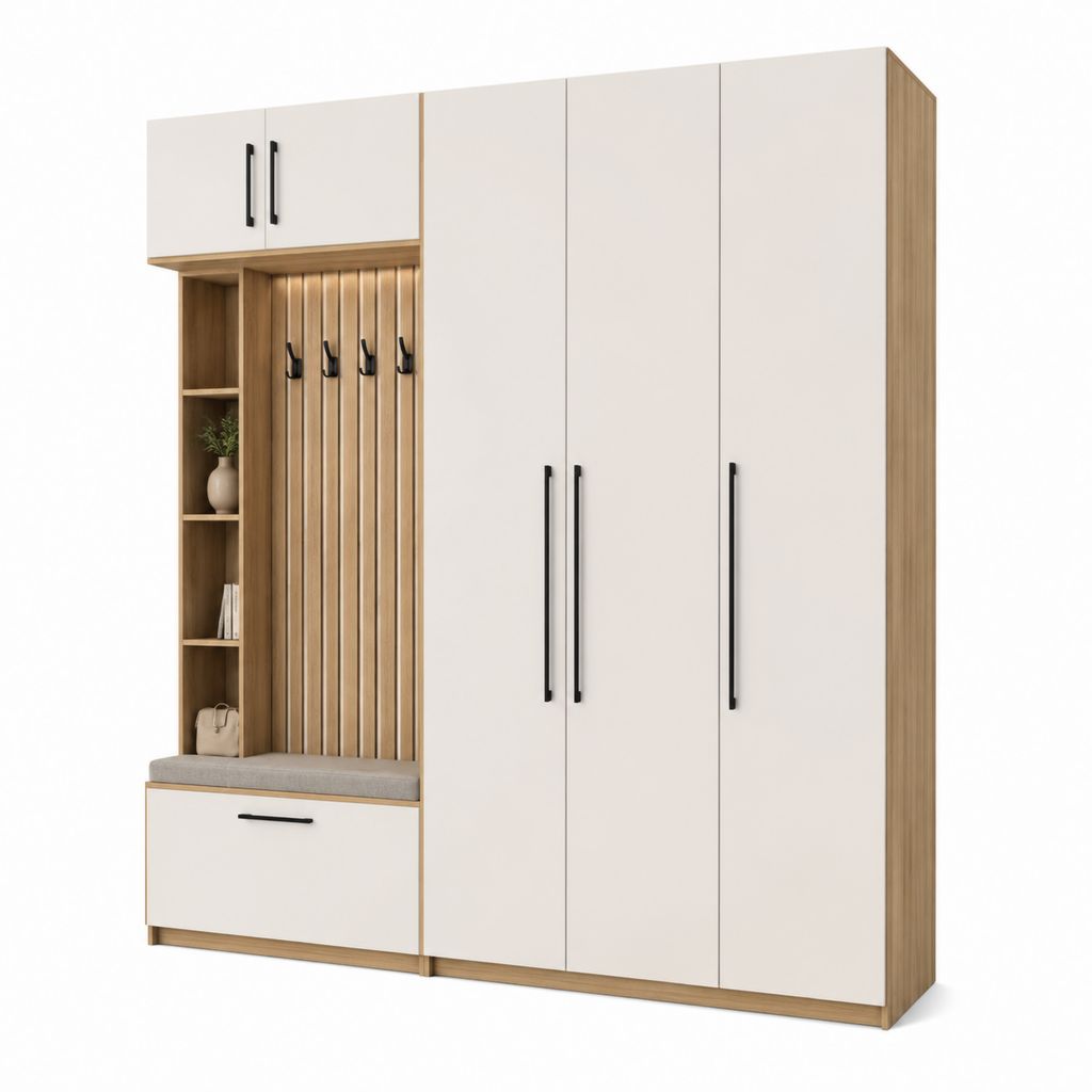 Armadio guardaroba rettangolare bianco e rovere in pannello truciolare 160 x 40 x 200 cm con appendiabiti panca e ripiani