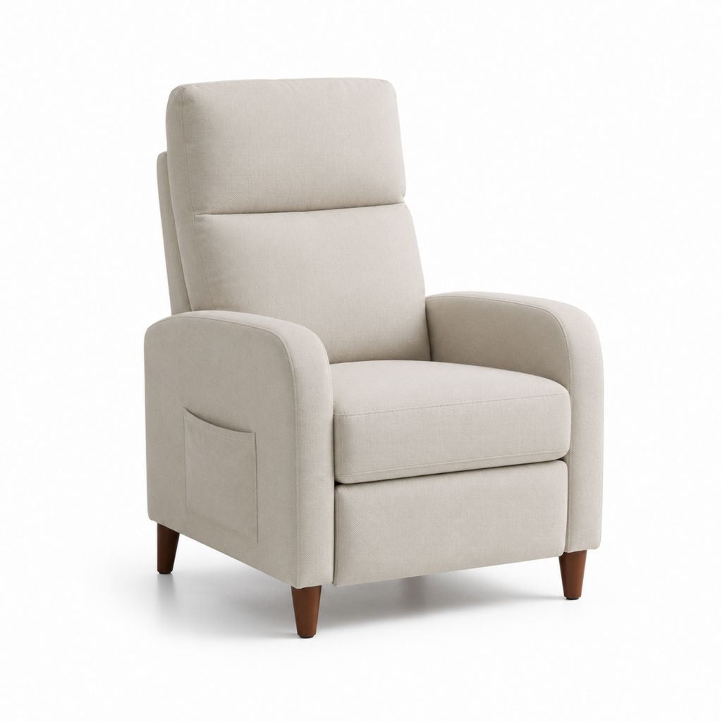 Poltrona reclinabile beige in poliestere con schienale alto e tasca laterale 76 x 86 x 98 cm