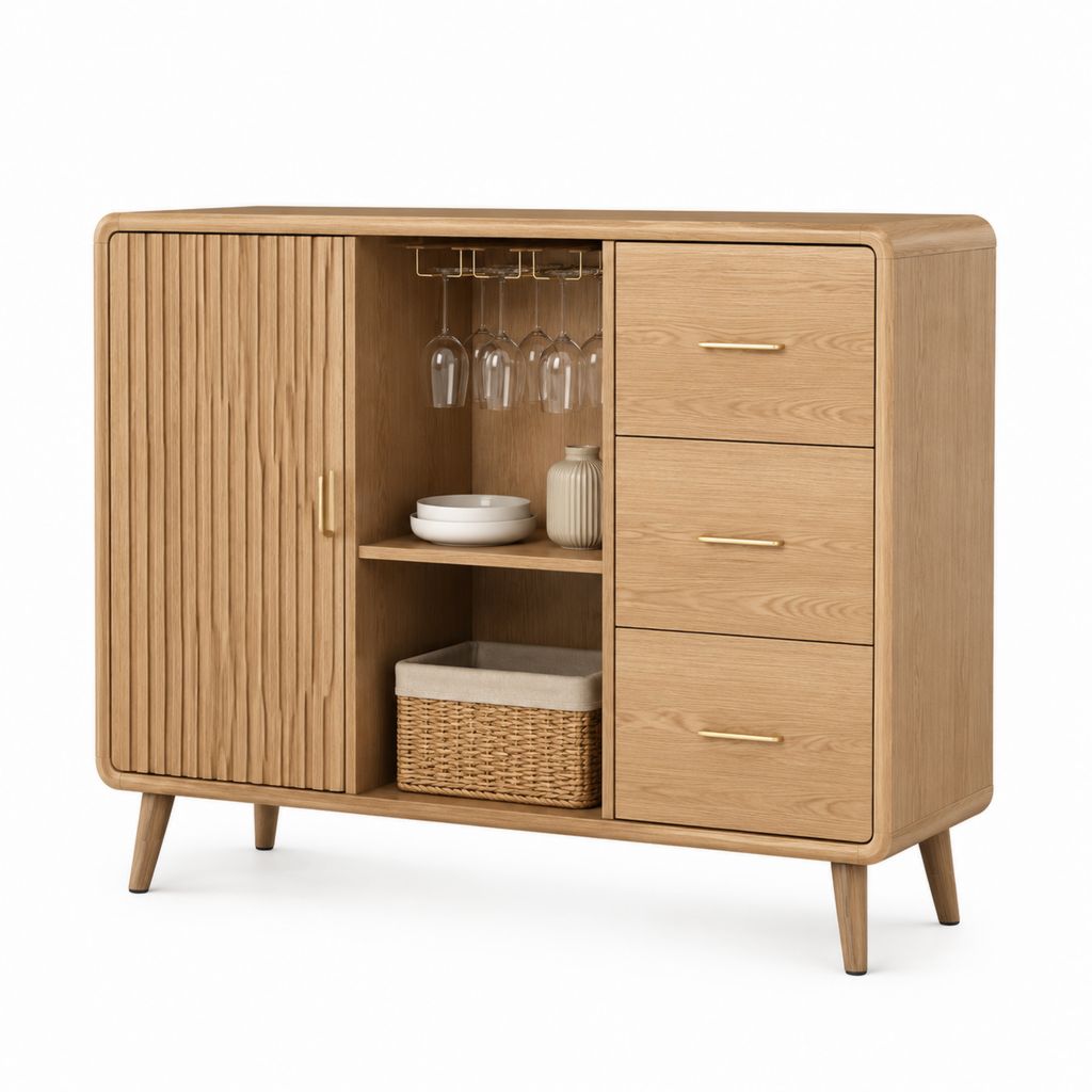 Credenza alta da sala da pranzo in MDF impiallacciato rovere naturale rettangolare 120 x 45 x 130 cm