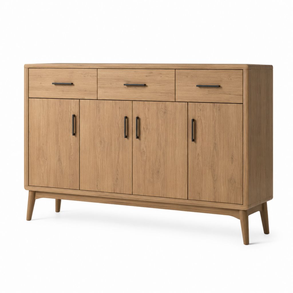 Credenza da sala da pranzo rovere naturale con 4 ante e 3 cassetti 160 x 45 x 100 cm