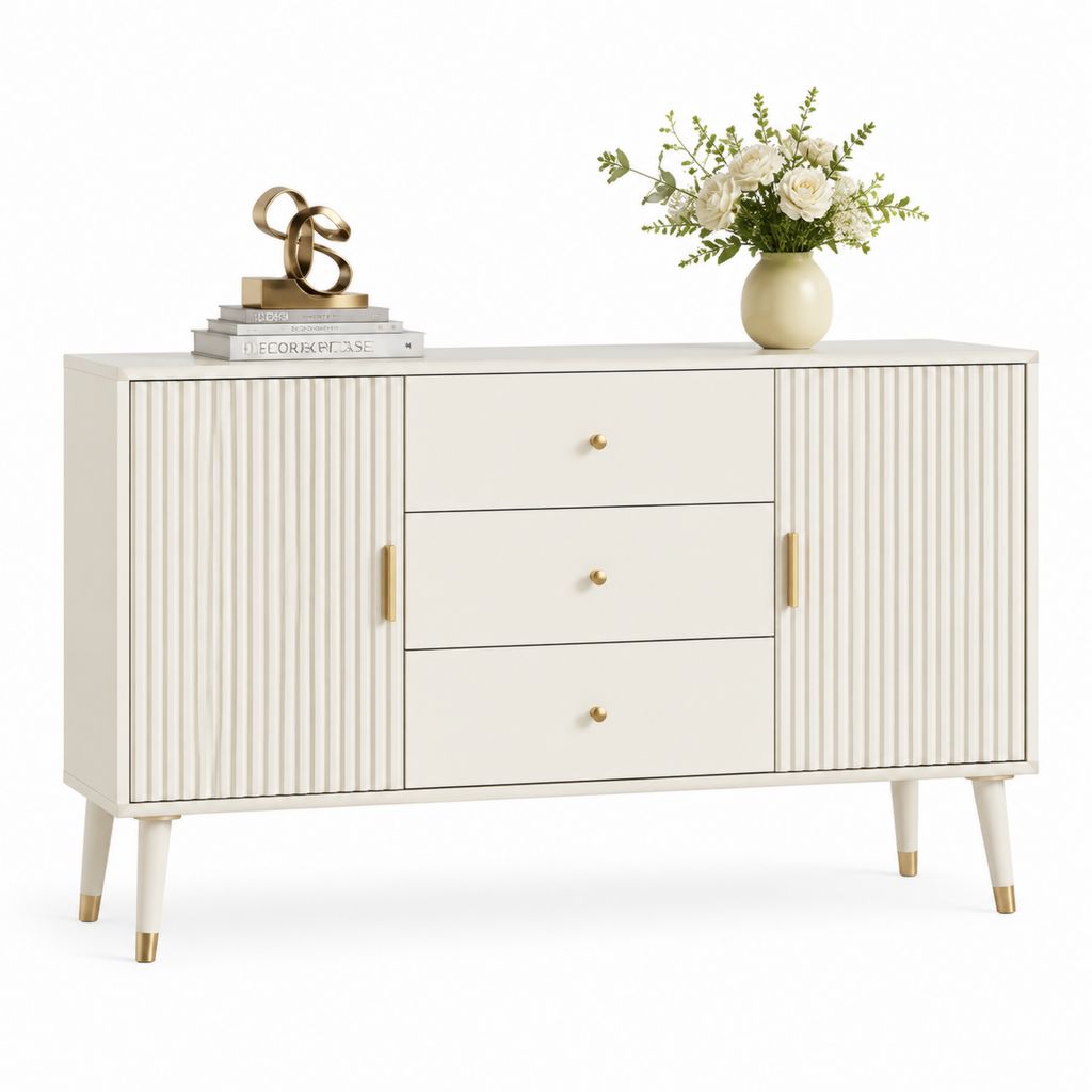 Credenza da sala da pranzo bianco avorio in MDF con 2 ante e 3 cassetti 160 x 40 x 85 cm