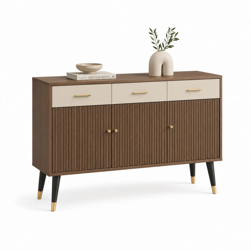Credenza da sala da pranzo marrone e beige in MDF rettangolare con 3 cassetti e 3 ante 160 x 40 x 85 cm