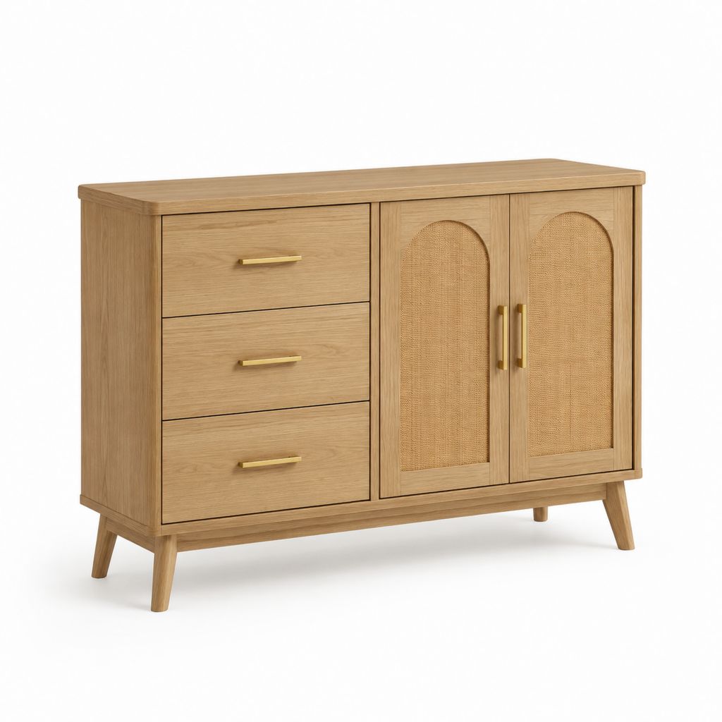 Credenza rettangolare 3 cassetti 2 ante rovere e rattan 120 x 40 x 85 cm